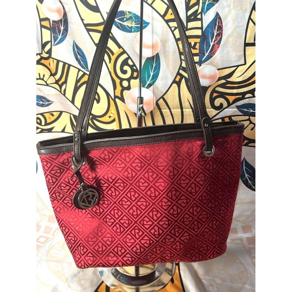 Relic Red Geometric Shoulder Bag – Brown Leather Trim – Multiple Pockets